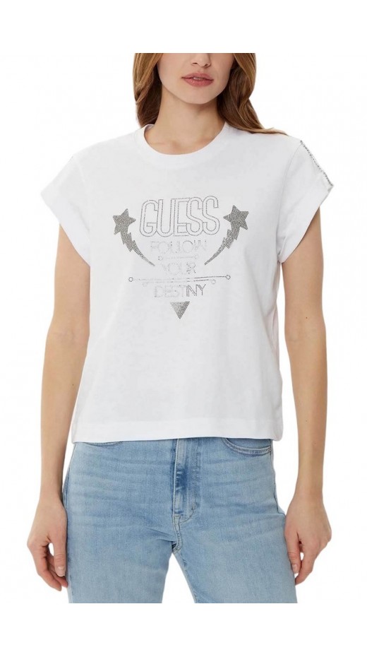 GUESS SS CN SLEEVES STRASS DETAIL T-SHIRT ΜΠΛΟΥΖΑ ΓΥΝΑΙΚΕΙΑ WHITE