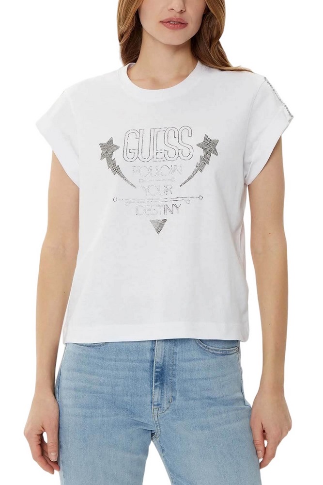 GUESS SS CN SLEEVES STRASS DETAIL T-SHIRT ΜΠΛΟΥΖΑ ΓΥΝΑΙΚΕΙΑ WHITE