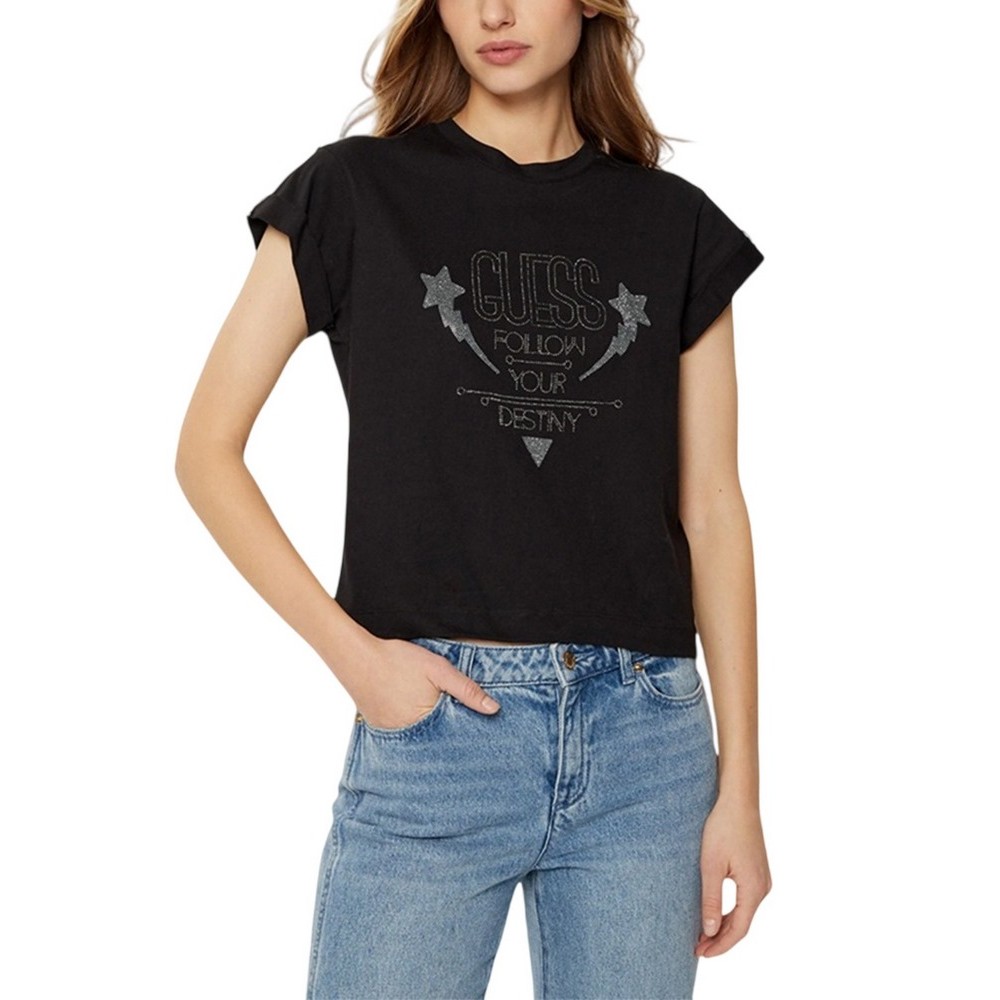 GUESS SS CN SLEEVES STRASS DETAIL T-SHIRT ΜΠΛΟΥΖΑ ΓΥΝΑΙΚΕΙΑ BLACK