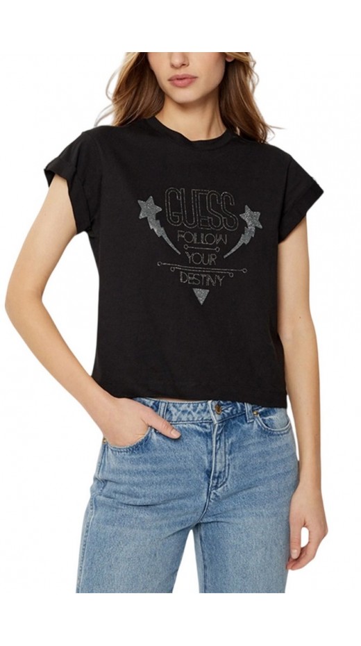 GUESS SS CN SLEEVES STRASS DETAIL T-SHIRT ΜΠΛΟΥΖΑ ΓΥΝΑΙΚΕΙΑ BLACK