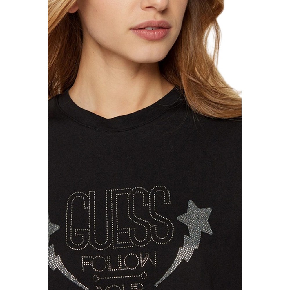 GUESS SS CN SLEEVES STRASS DETAIL T-SHIRT ΜΠΛΟΥΖΑ ΓΥΝΑΙΚΕΙΑ BLACK