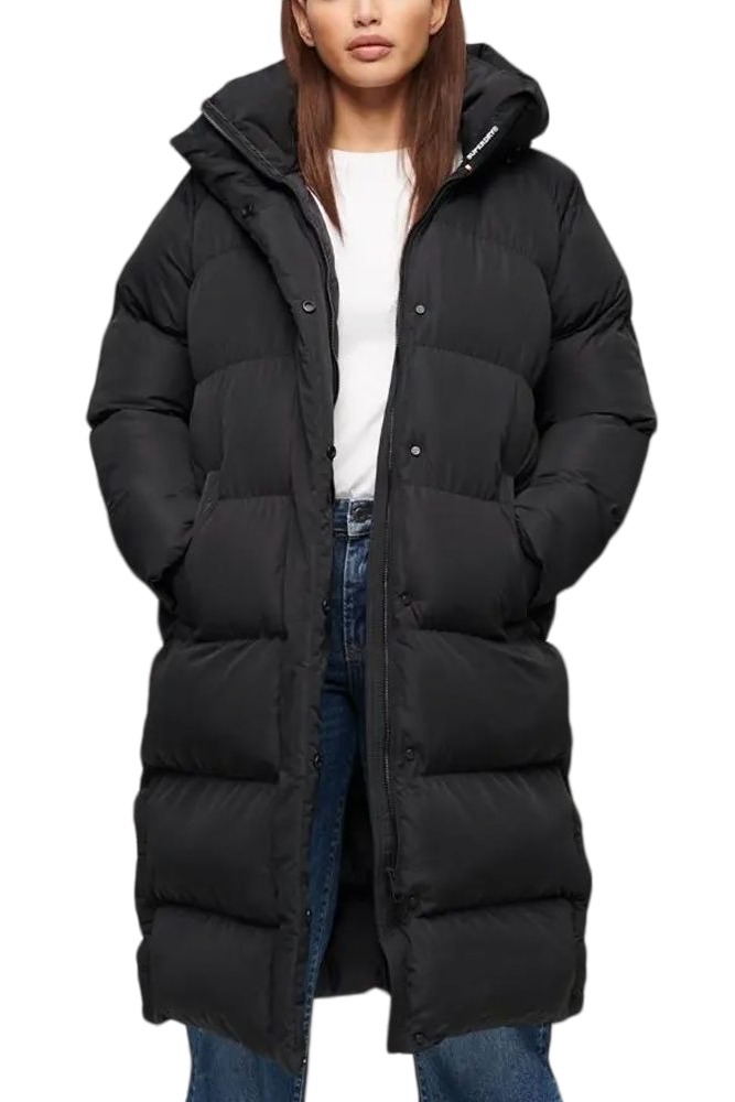 SUPERDRY D2 STUD LONGLINE HOODED PUFFER JACKET ΜΠΟΥΦΑΝ ΓΥΝΑΙΚΕΙΟ BLACK